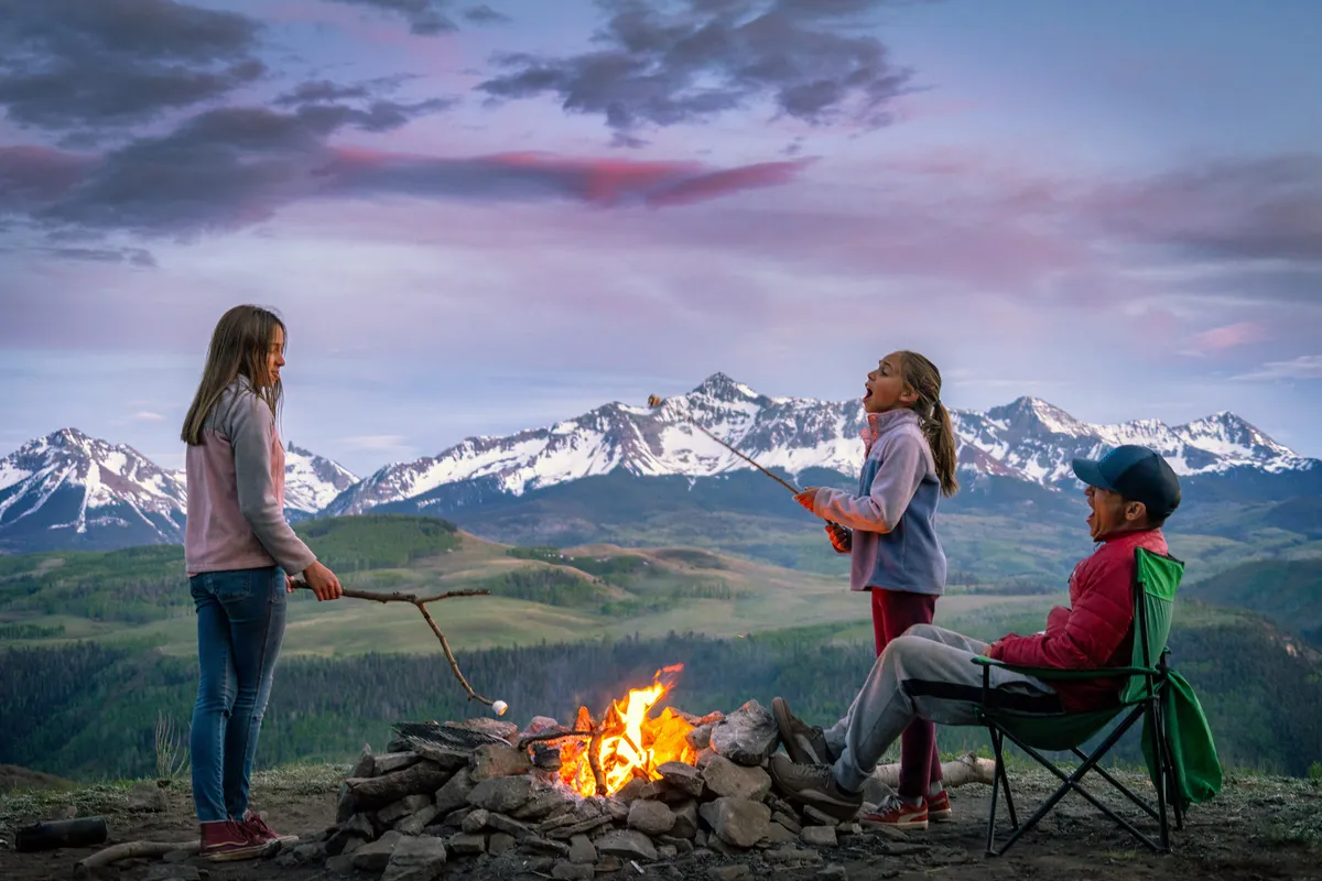 A playful family scene with children roasting marshmallows over a campfire, an adult nearby, and scenic mountain views in the background, capturing joyful and relaxed moments in nature.